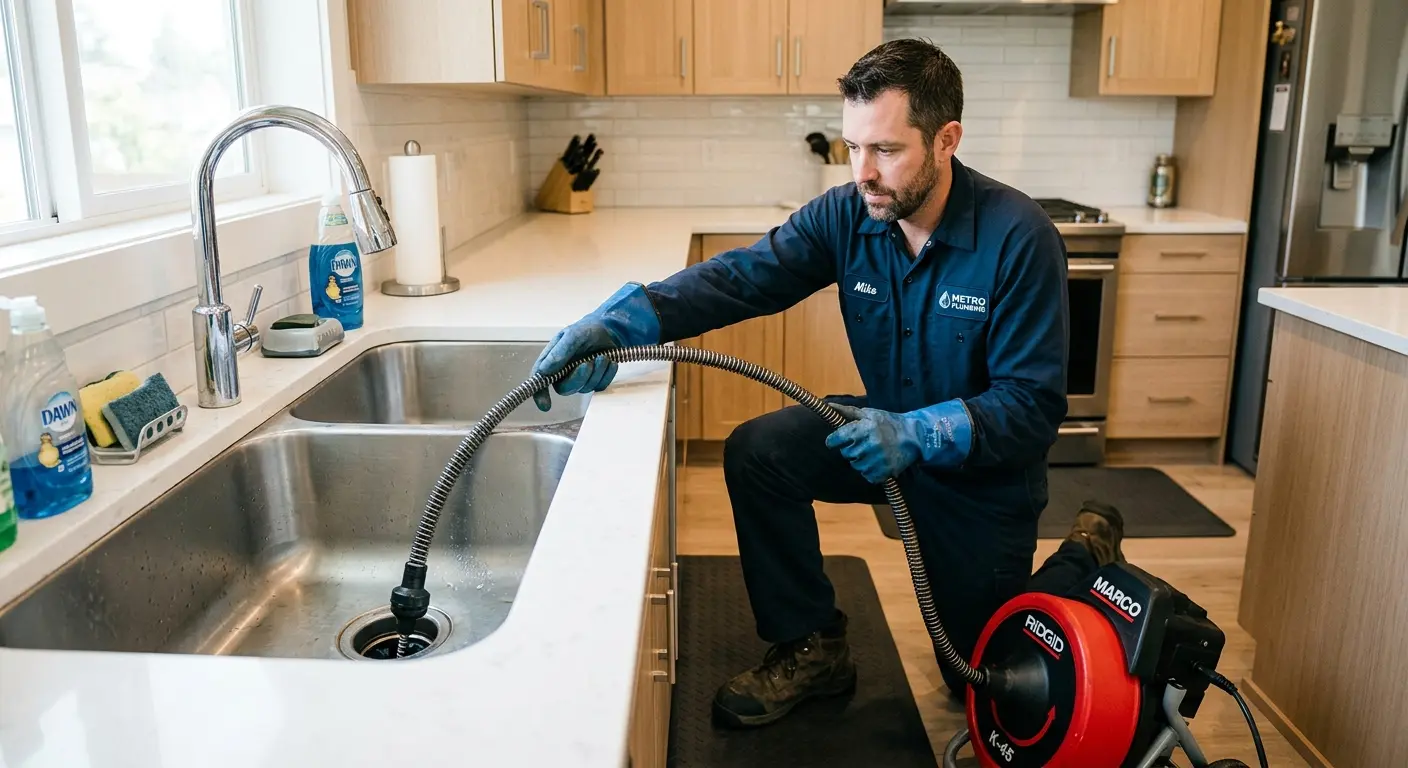 Drain cleaning technician using a motorized snake on a kitchen sink in Norfolk