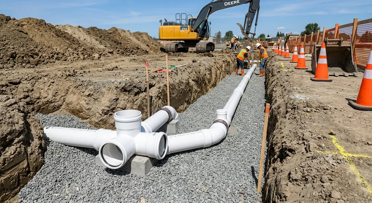 New PVC sewer pipe installation in open trench for Commercial Drain Cleaning in Norfolk