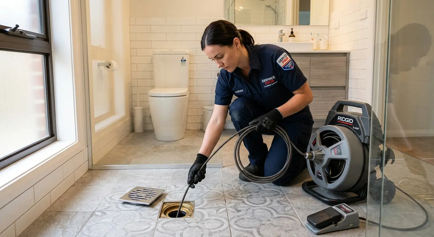 Technician clearing a bathroom floor drain for Clogged Drain Repair in Norfolk